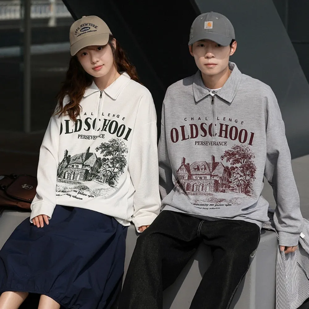 xiangtuibao Autumn Zipper Vintage Letter Print Polo Sweatshirts Harajuku Graphic Pullover Japan Street Oversized Waffle Hoodies Couple Tops